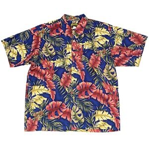 Panama Hawaiian Shirt Men's Large Floral Leaves Aloha Camp USA Matching Pocket